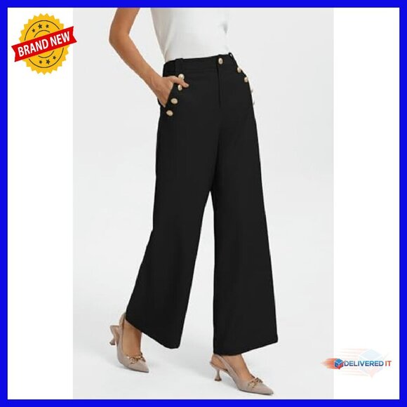 High Waisted Wide Leg Work Pants Polyester Blend Professional Office Trousers - Picture 3 of 8